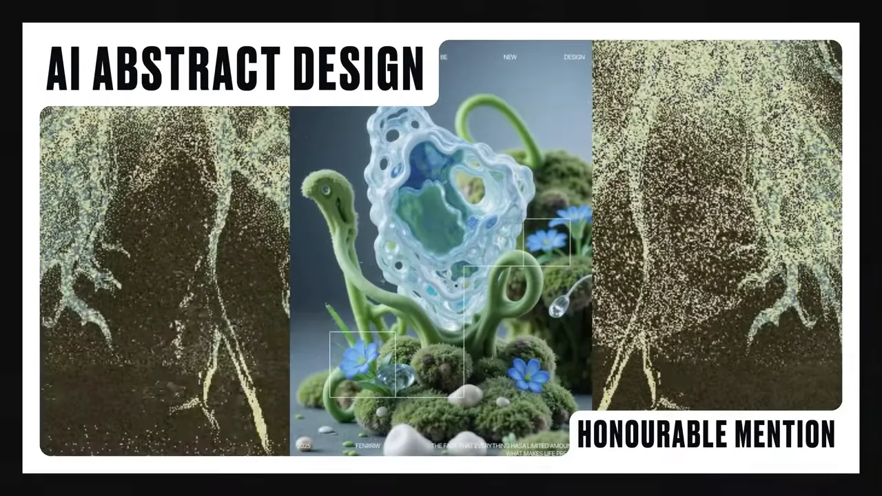 Colaj slide 'AI ABSTRACT DESIGN' cu imagine generată de AI: formă organică albastru‑verzuie, mușchi și flori mici, însoțită de text 'HONOURABLE MENTION'.