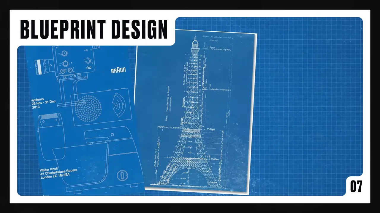 Două planșe de blueprint suprapuse (schemă tehnică şi plan turn Eiffel) pe fundal albastru grid.