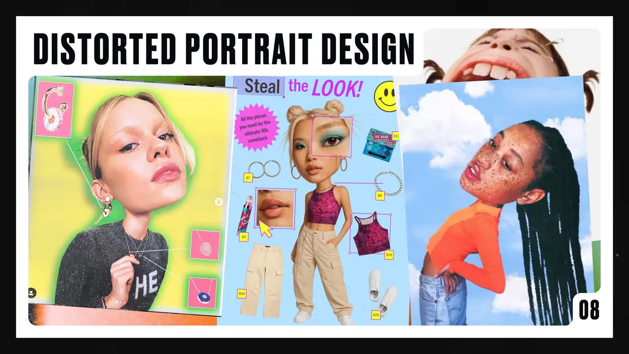 Colaj orizontal cu trei portrete deformate (proporții exagerate, capete mari) sub titlul 'DISTORTED PORTRAIT DESIGN'.