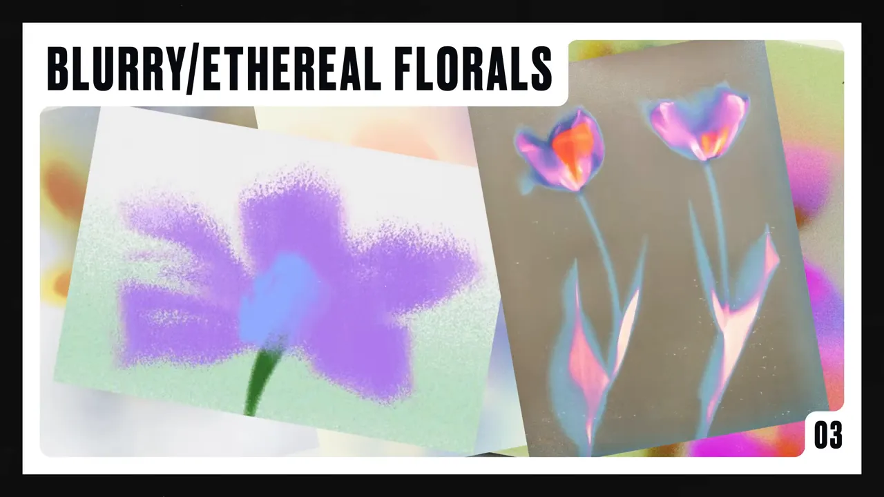 Două carduri cu flori blurate: un card cu floare violet cu textură spray și un card cu lalele neon blurate pe fundal închis.