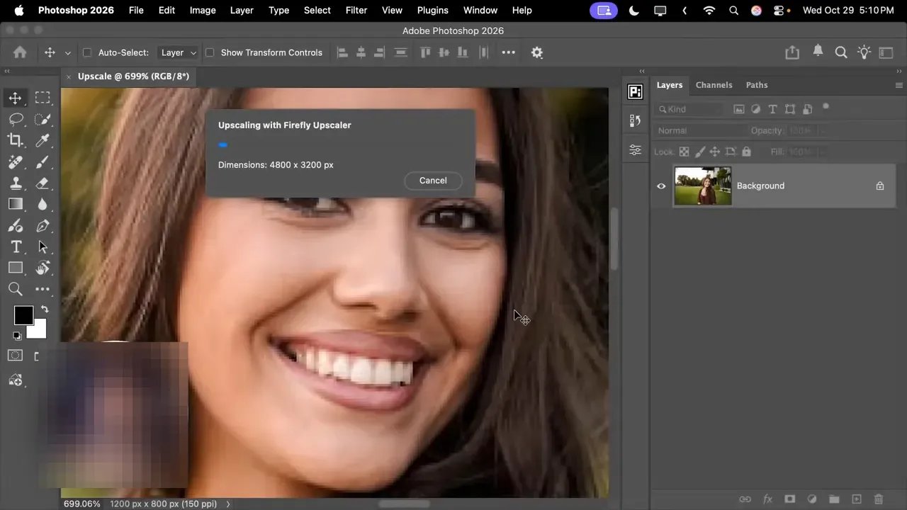 Interfața Photoshop arătând 'Upscaling with Firefly Upscaler' cu dimensiuni 4800 x 3200 px (4x)