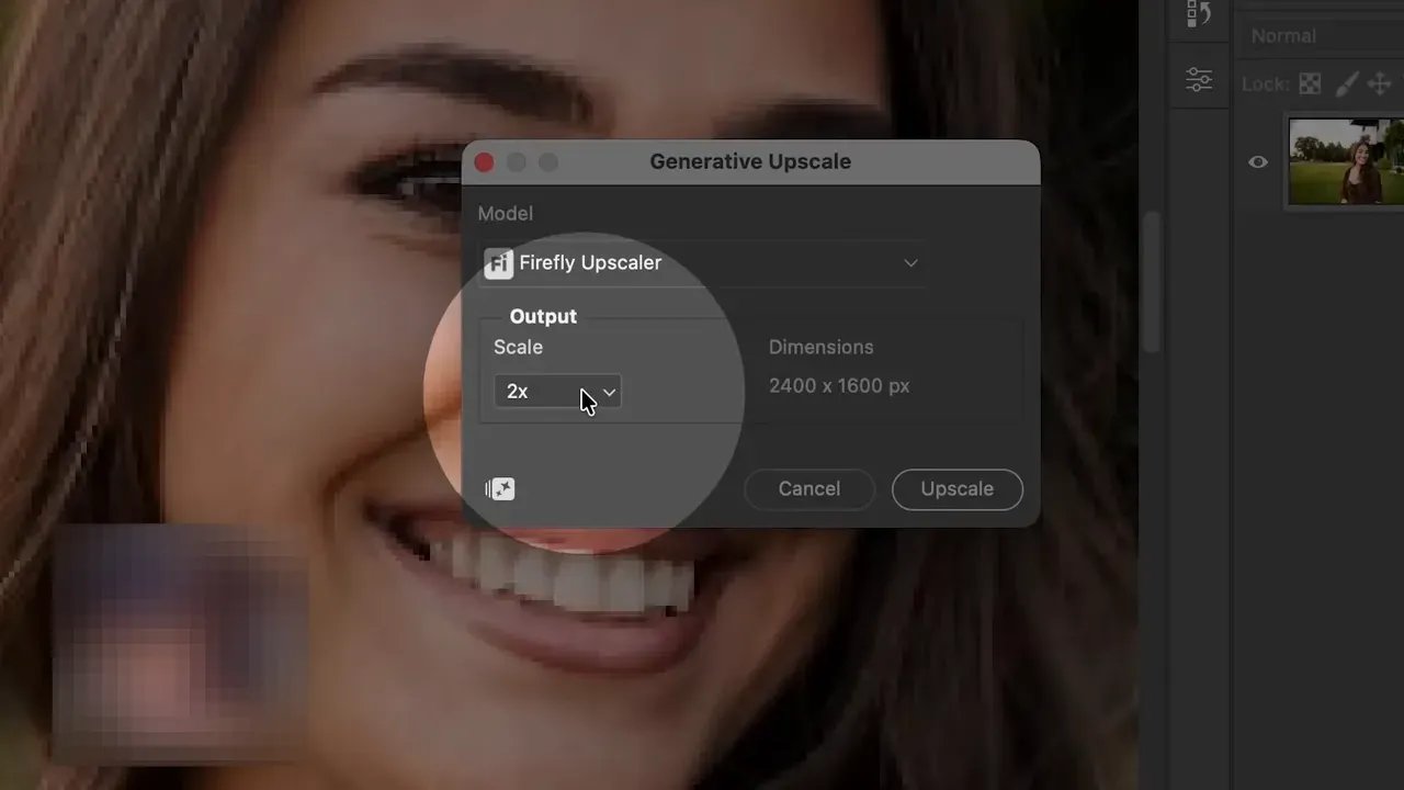 Fereastră Generative Upscale în Photoshop cu modelul Firefly Upscaler vizibil și opţiunea Scale setată la 2x, suprapusă peste canvas.