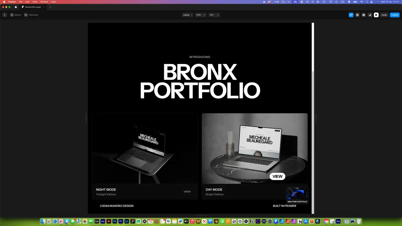 Interfață Framer clară afișând pagina 'BRONX PORTFOLIO' într-un editor no-code