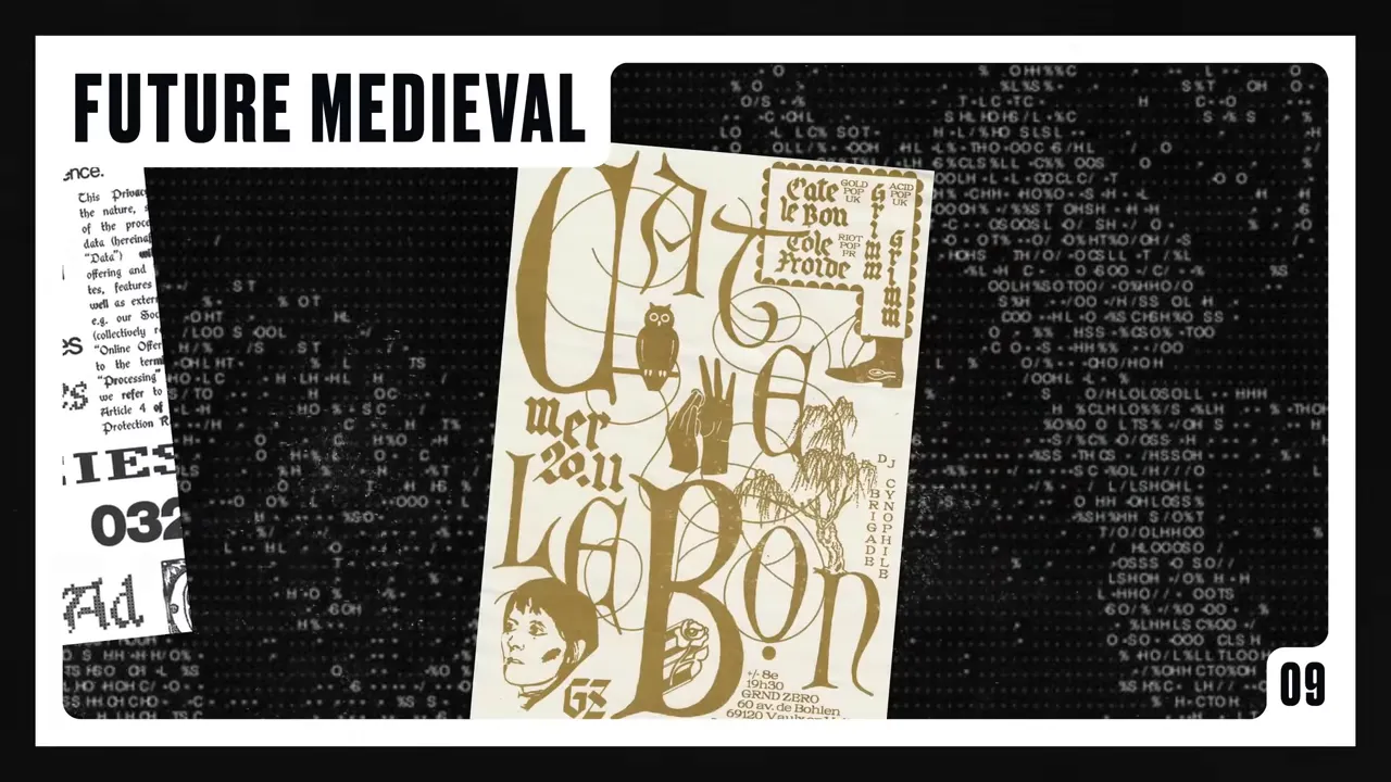 Slide cu titlul 'FUTURE MEDIEVAL' și un afiș central cu caligrafie ornamentală aurie pe fundal texturat.