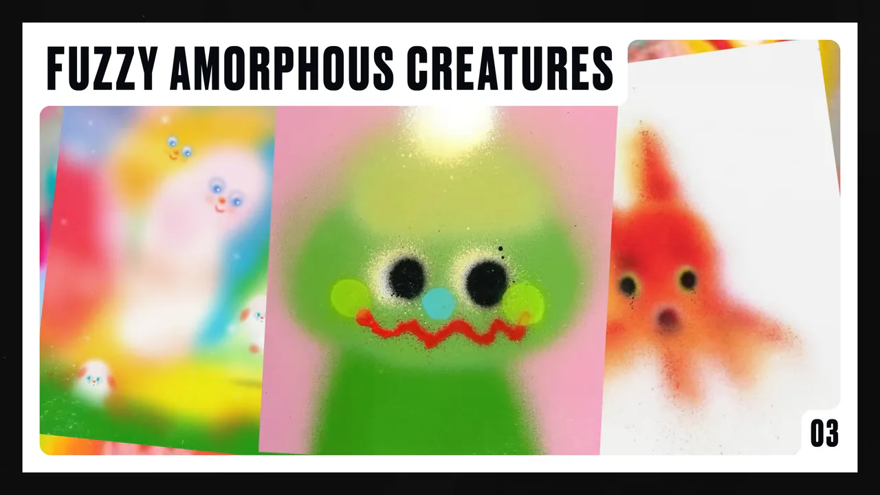 Trei imagini plasate alături cu creaturi blurate şi granulaţie; personajul central verde are ochi negri evidenţiaţi de speckle.