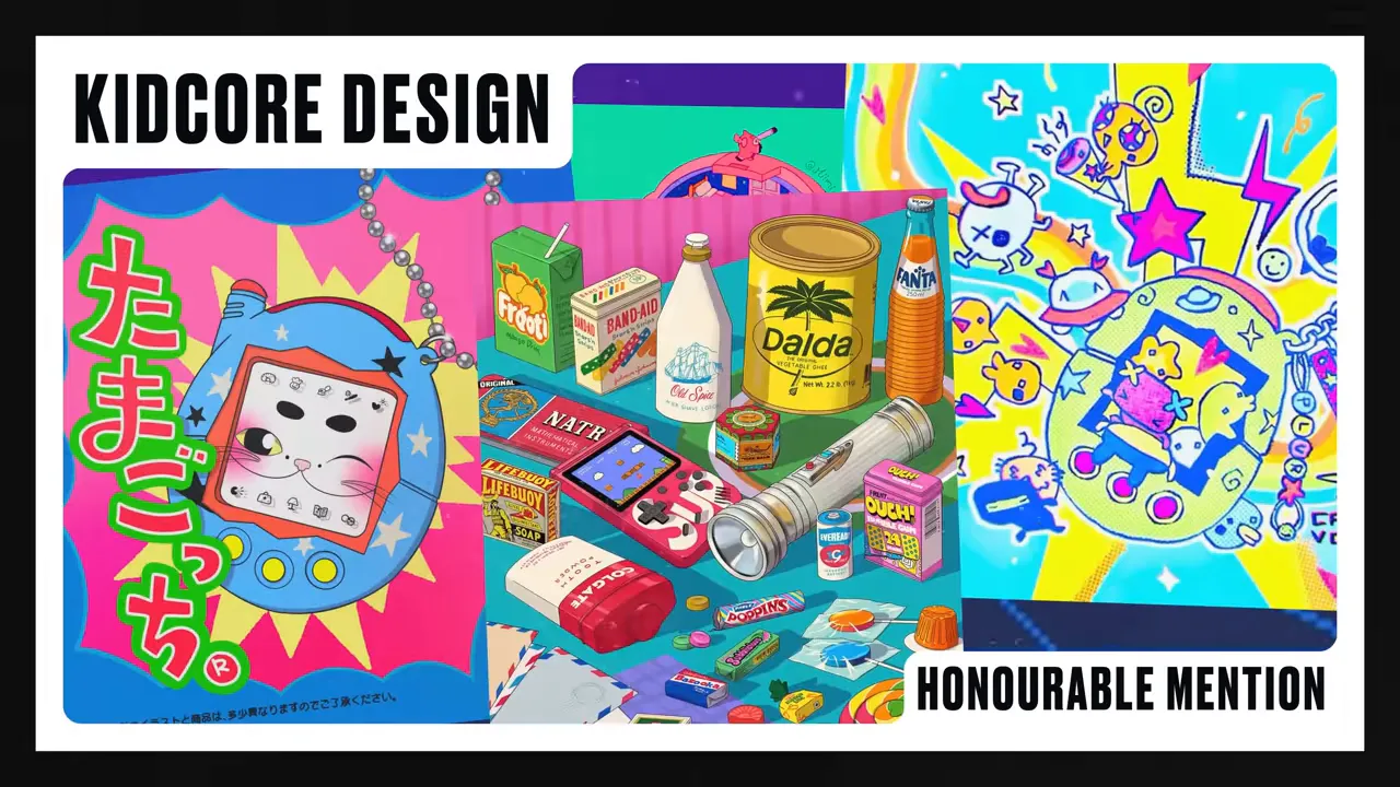 Colaj Kidcore foarte colorat cu Tamagotchi, ambalaje retro și obiecte nostalgice într‑o compoziție vibrantă.