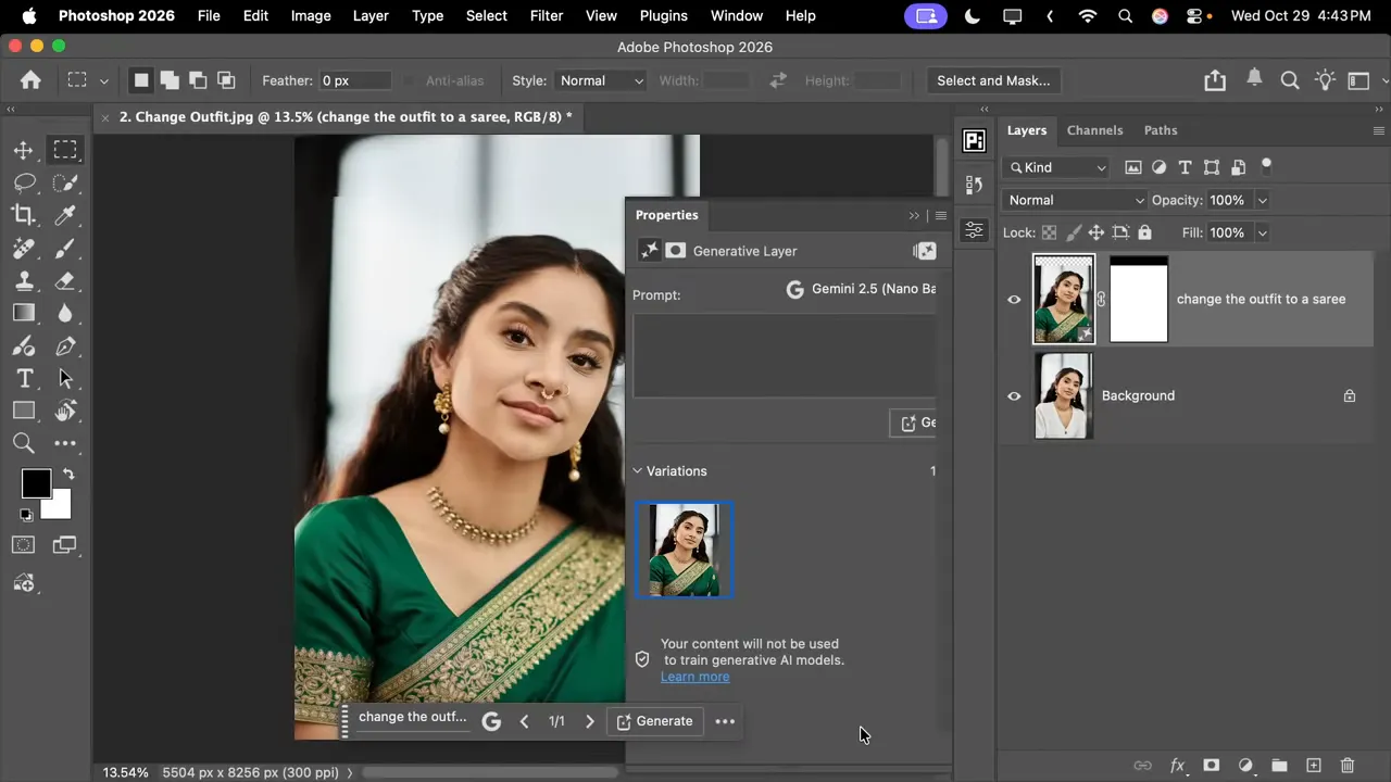 Interfață Photoshop cu Generative Layer activ și previzualizare „change the outfit to a saree” (Nano Banana / Gemini 2.5).