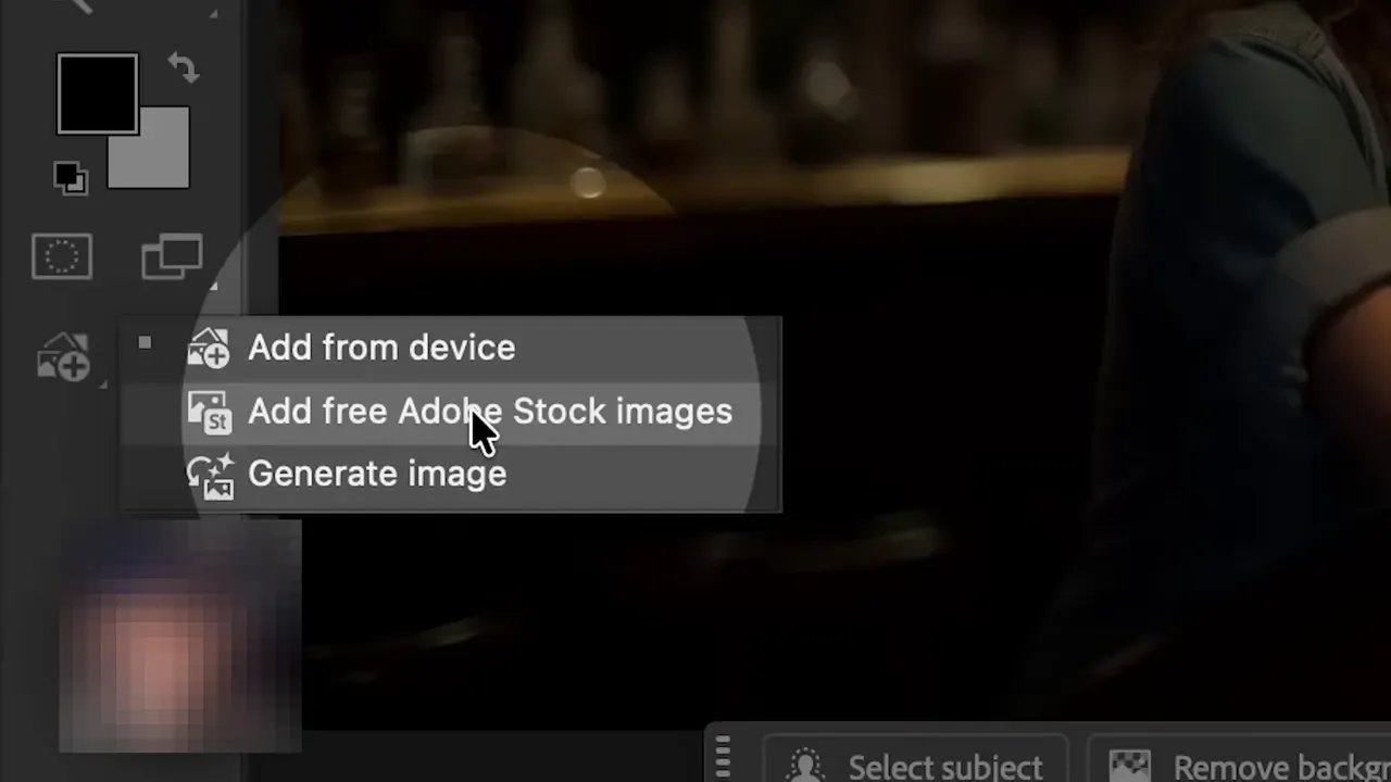Interfață Photoshop clară cu meniul File deschis (se vede opțiunea Place Free Adobe Stock Images), imagine plasată pe canvas și panoul Layers vizibil.