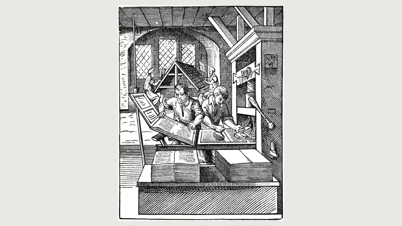 Ilustrație alb-negru a unei prese tipografice cu tipografi la lucru