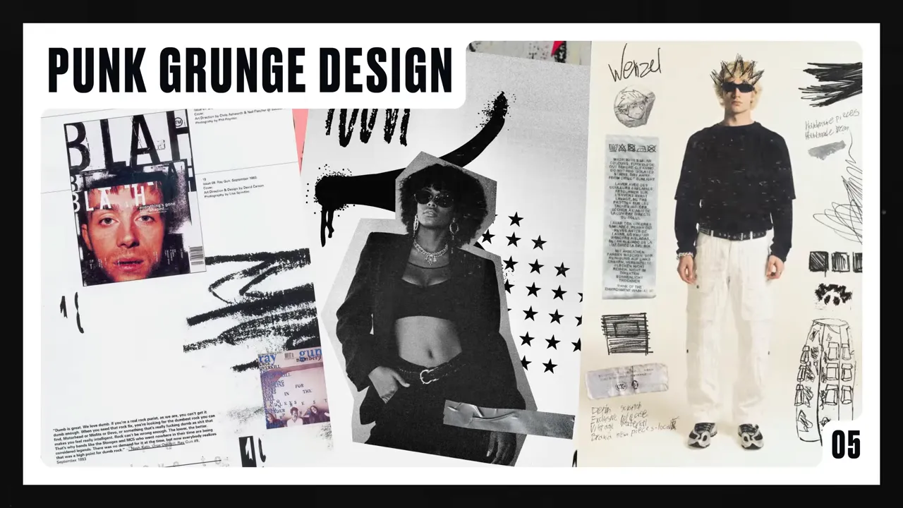 Moodboard 'PUNK GRUNGE DESIGN' cu colaje, texte scrise de mână, fotografii decupate și texturi xerox.