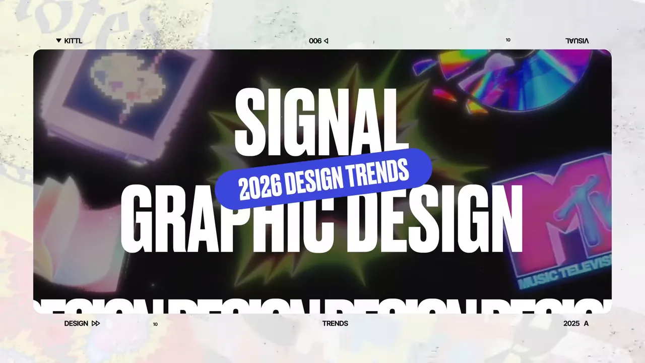 Slide 'Signal Graphic Design' cu text mare 'SIGNAL GRAPHIC DESIGN', banderolă '2026 DESIGN TRENDS' și elemente vizuale retro neon pe fundal întunecat.