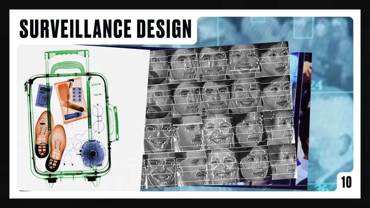 Slide 'SURVEILLANCE DESIGN' cu imagine X‑ray a unui bagaj pe stânga și colaj de feţe în tonuri gri cu puncte/mesh de detecţie facială pe dreapta.
