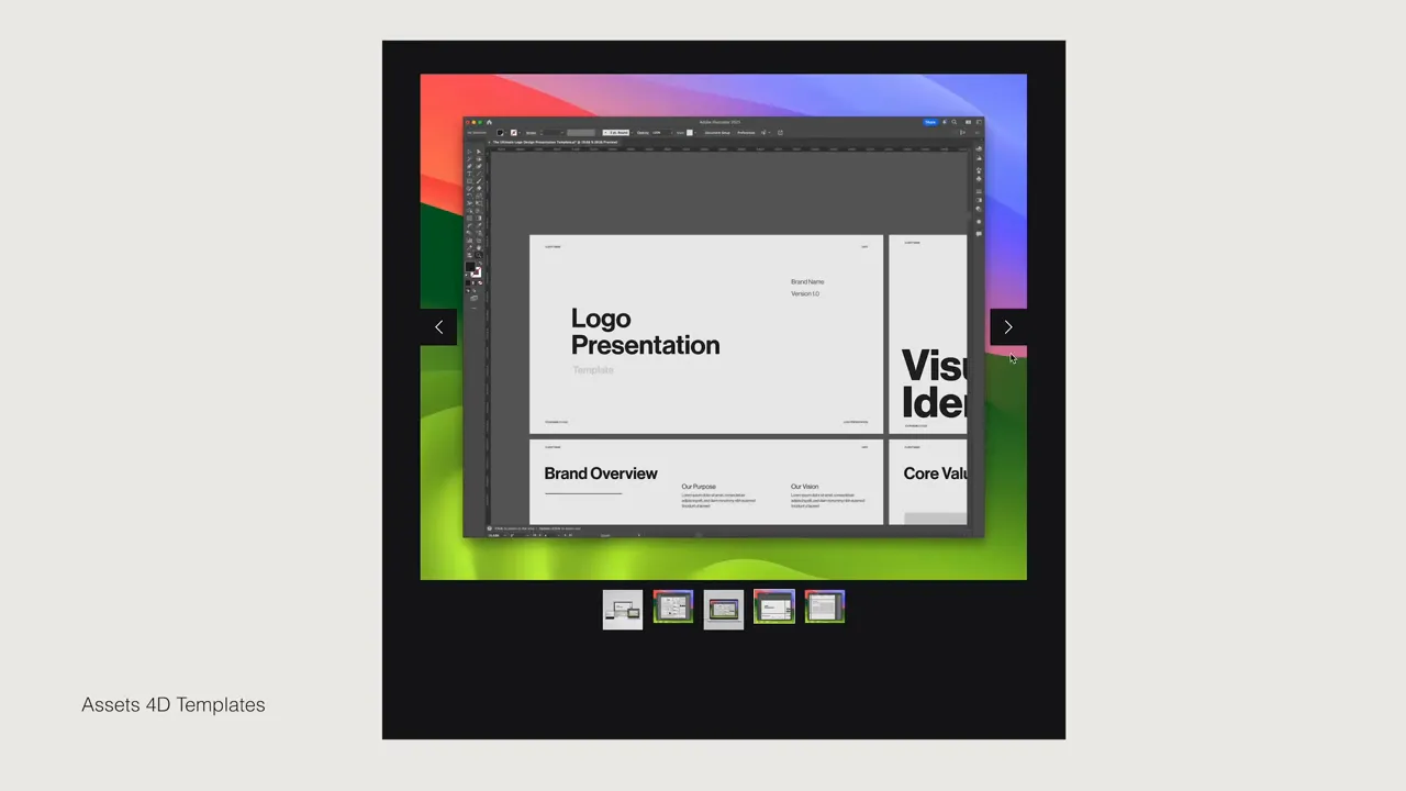 Screenshot clar al unui template «Logo Presentation» deschis într‑un program de editare, arătând layout de brand