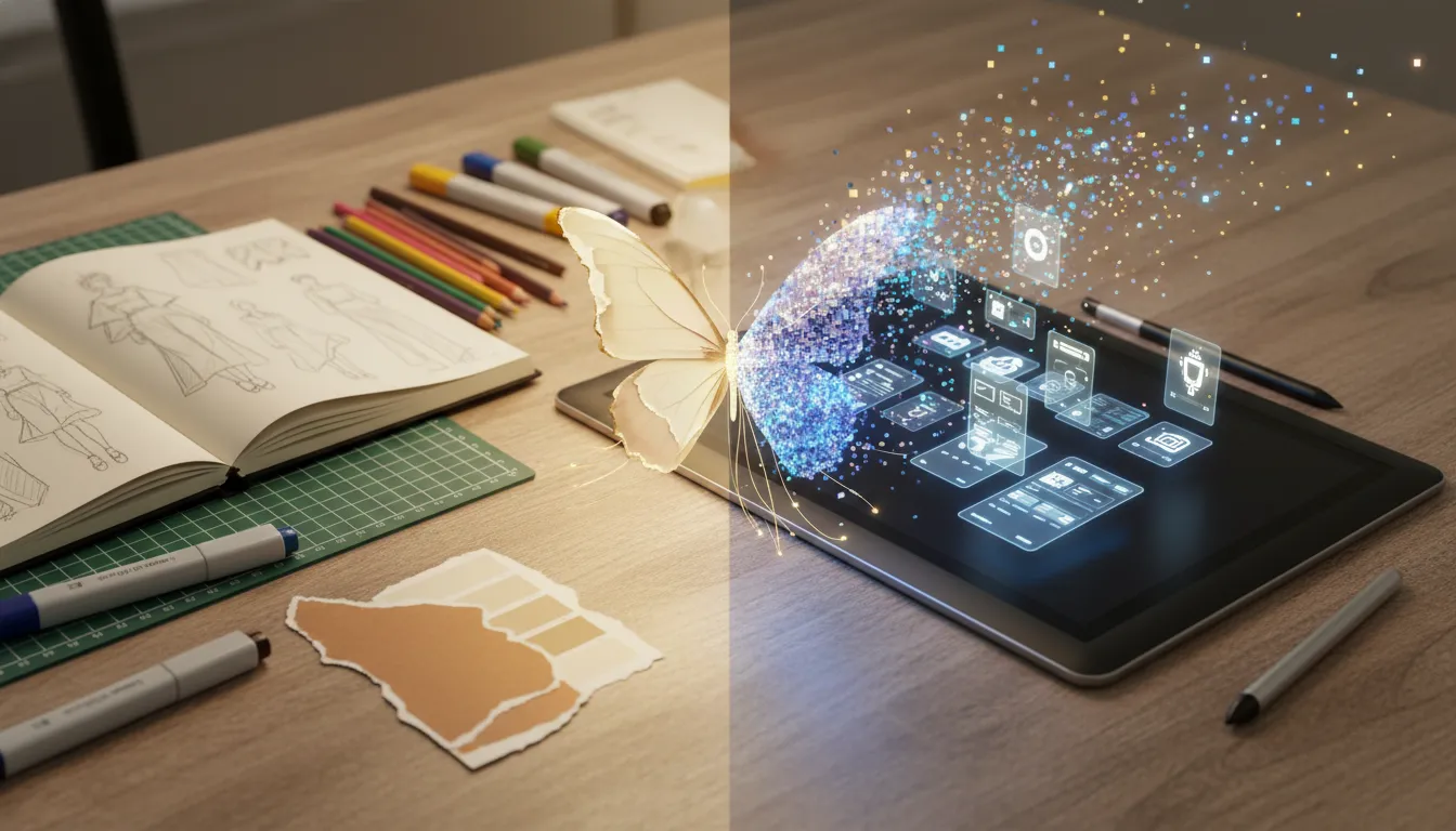 Birou de designer cu unelte tradiționale care se transformă în elemente digitale; un fluture din hârtie și pixeli simbolizează transformarea designului grafic sub influența AI