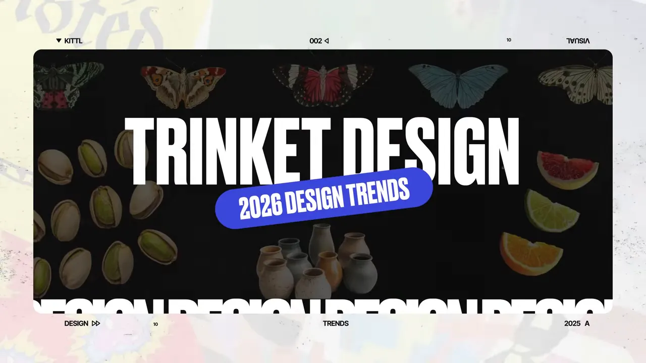 Slide 'Trinket Design' cu titlu mare 'TRINKET DESIGN', obiecte izolate (pistacii, vase, felii de fructe) pe fundal întunecat.