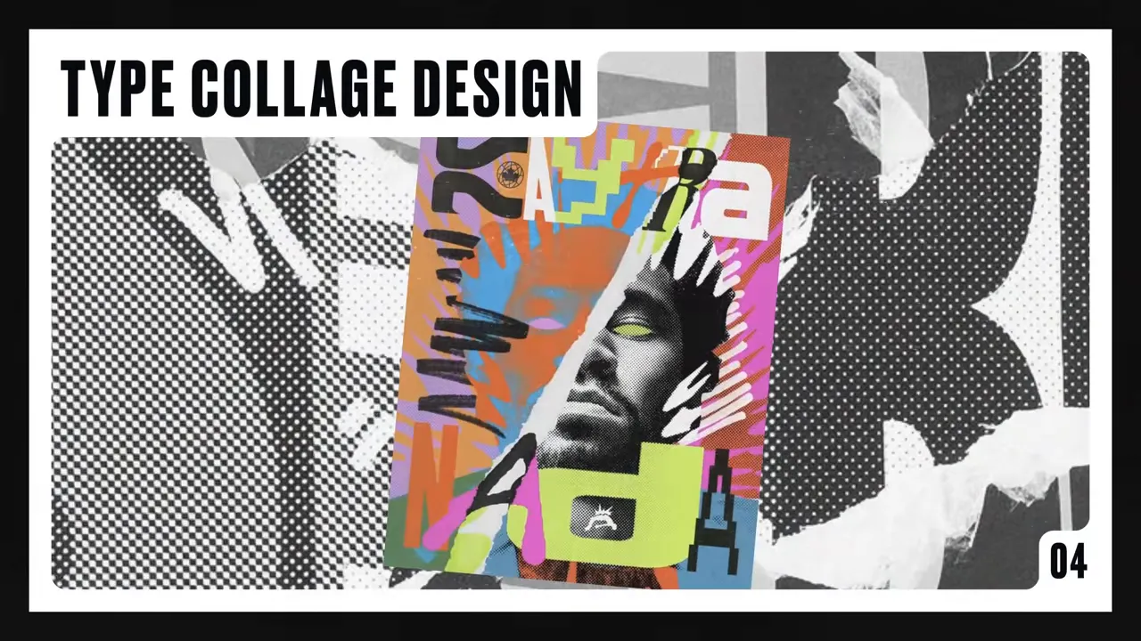 Slide 'TYPE COLLAGE DESIGN' cu colaj tipografic: fundal halftone alb‑negru și poster colorat central.