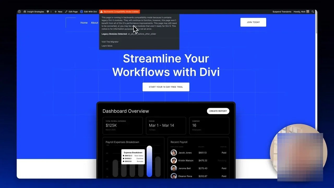 Notificare 'Backwards Compatibility Mode Enabled' peste o pagină Divi, indicând module legacy detectate