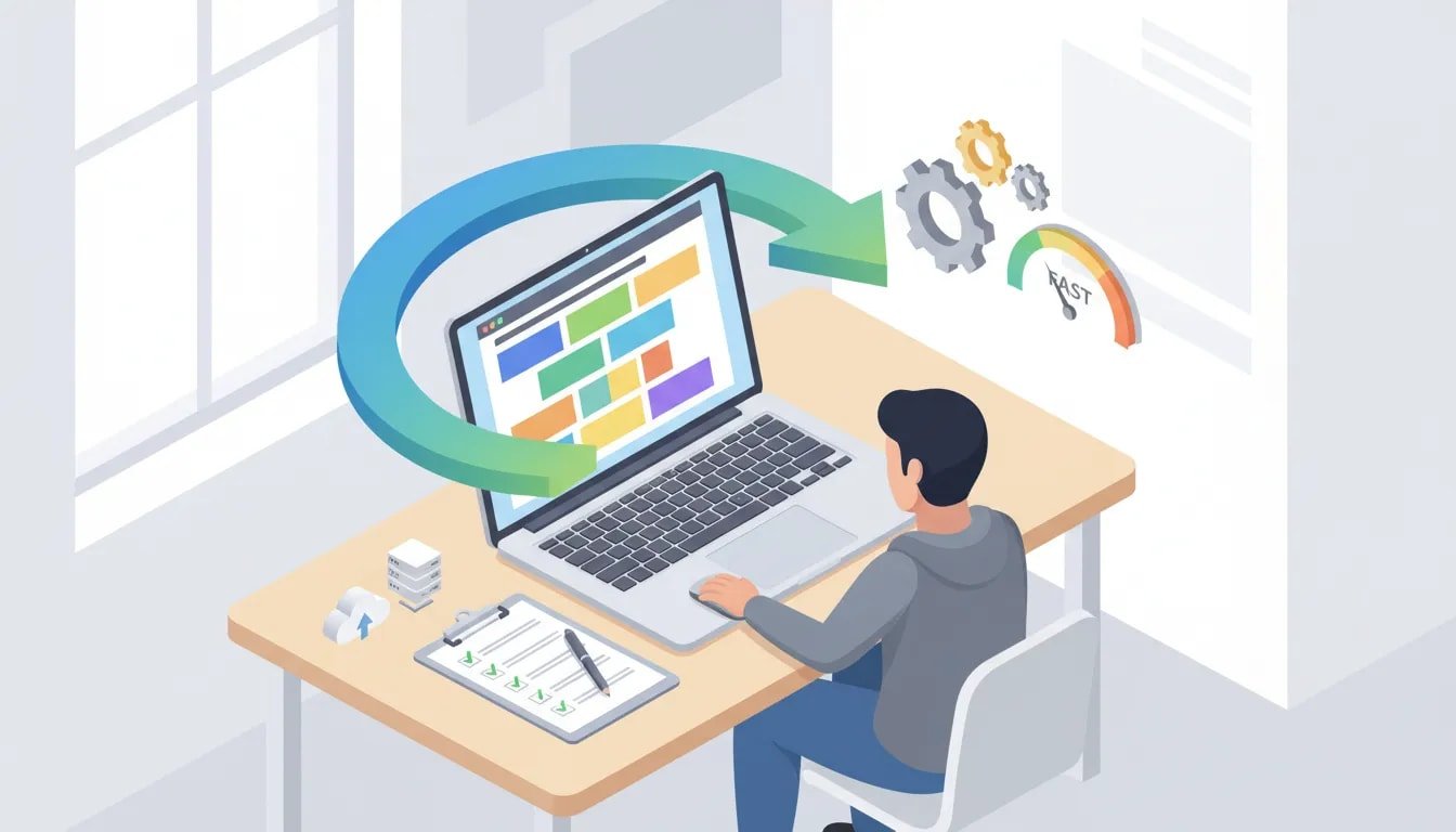 migrare-divi-5-ghid-practic-checklist Ilustrație isometrică a migrării unui site WordPress la Divi 5: laptop cu layout pe bază de blocuri, săgeată de migrare, clipboard cu listă de verificare, pictograme cloud și simboluri de performanță